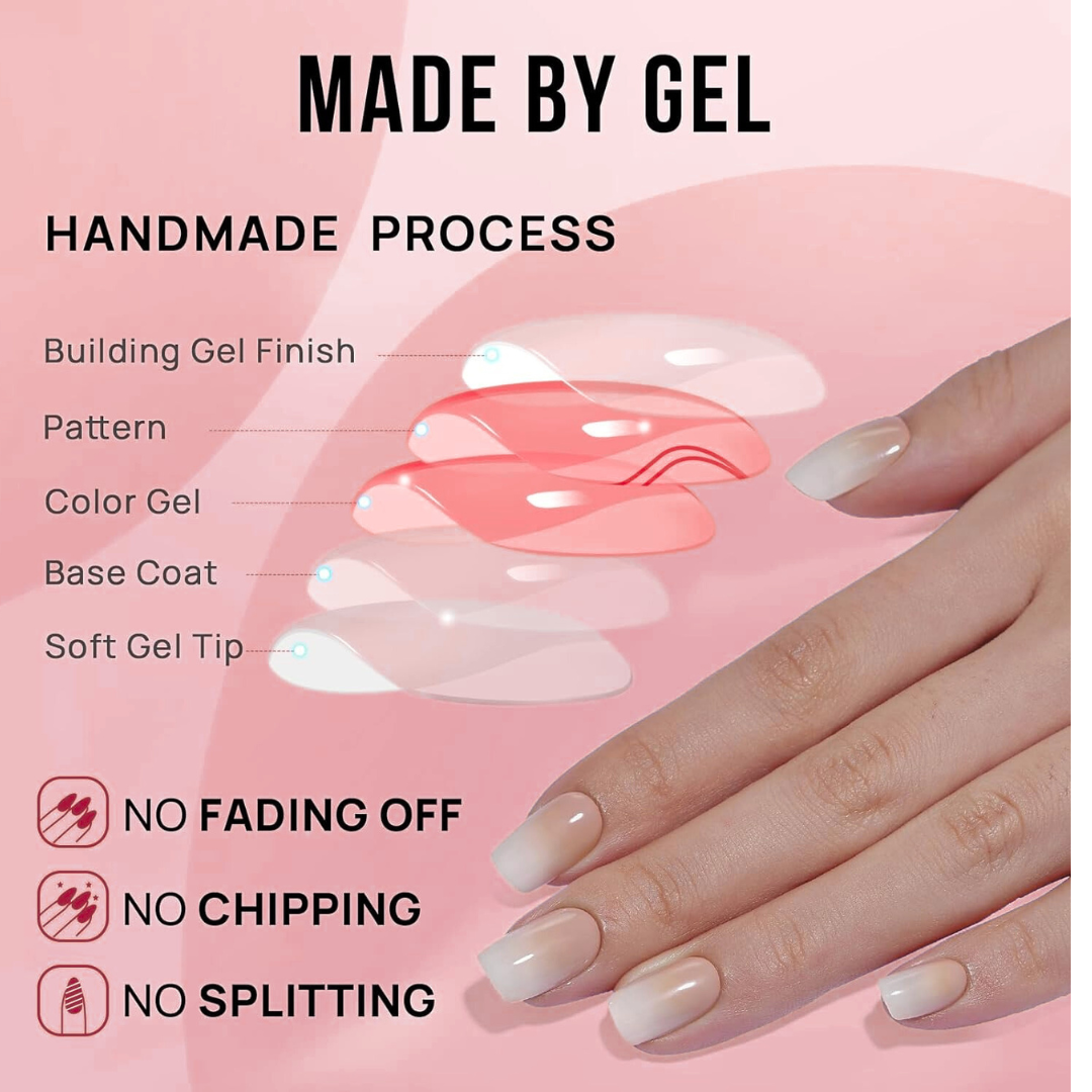 What Makes This Product Special (Ingredients & Quality) These press-on nails are crafted from high-quality soft gel plus acrylic blend. Each nail is made using a meticulous, salon-level process—layered with base coat → color gel → design → top coat—resulting in a beautiful, glossy finish that feels both sturdy and natural. The materials are flexible yet durable, striking that perfect balance you look for in long-lasting press-ons