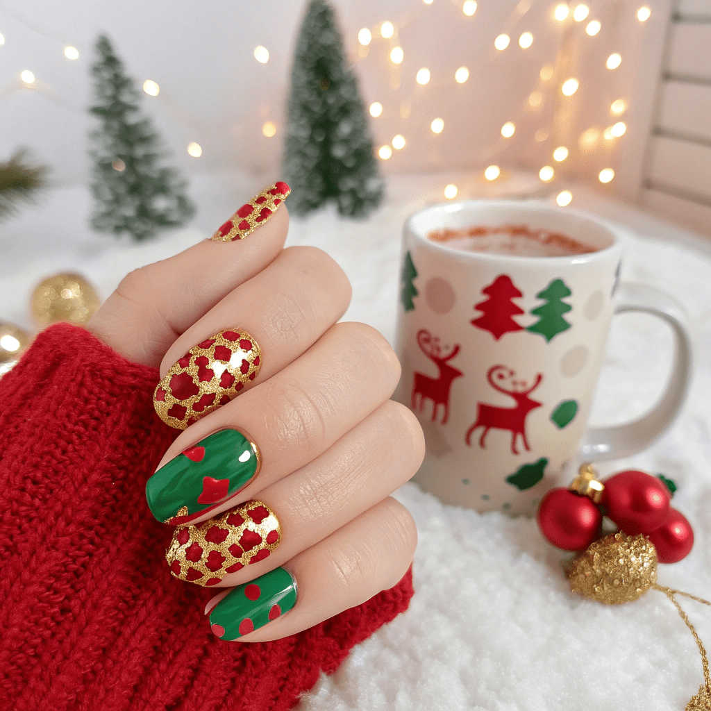 Fall in Love With Cow Print Nails – A Lookbook for 2025 christmas vibe red and green cow print nails with min