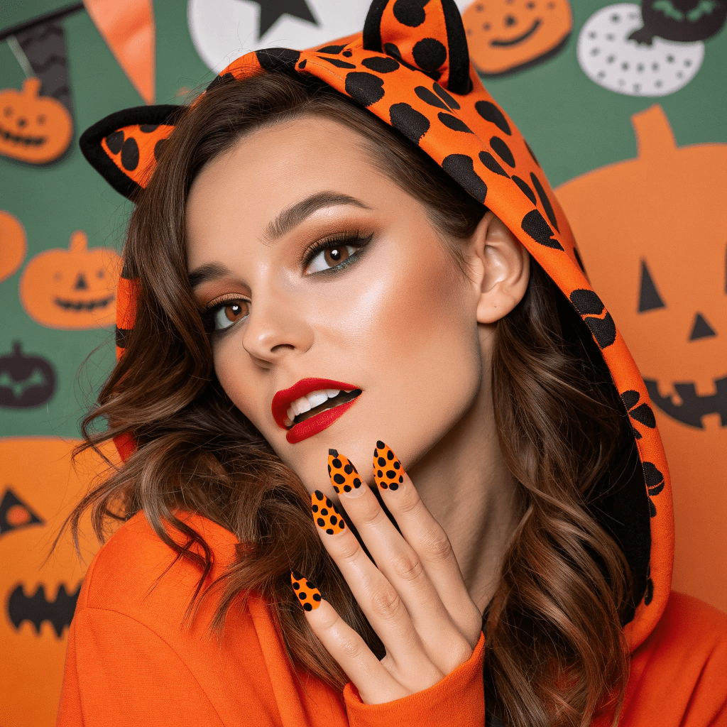 Fall in Love With Cow Print Nails – A Lookbook for 2025 halloween themed portrait with orange and black co min