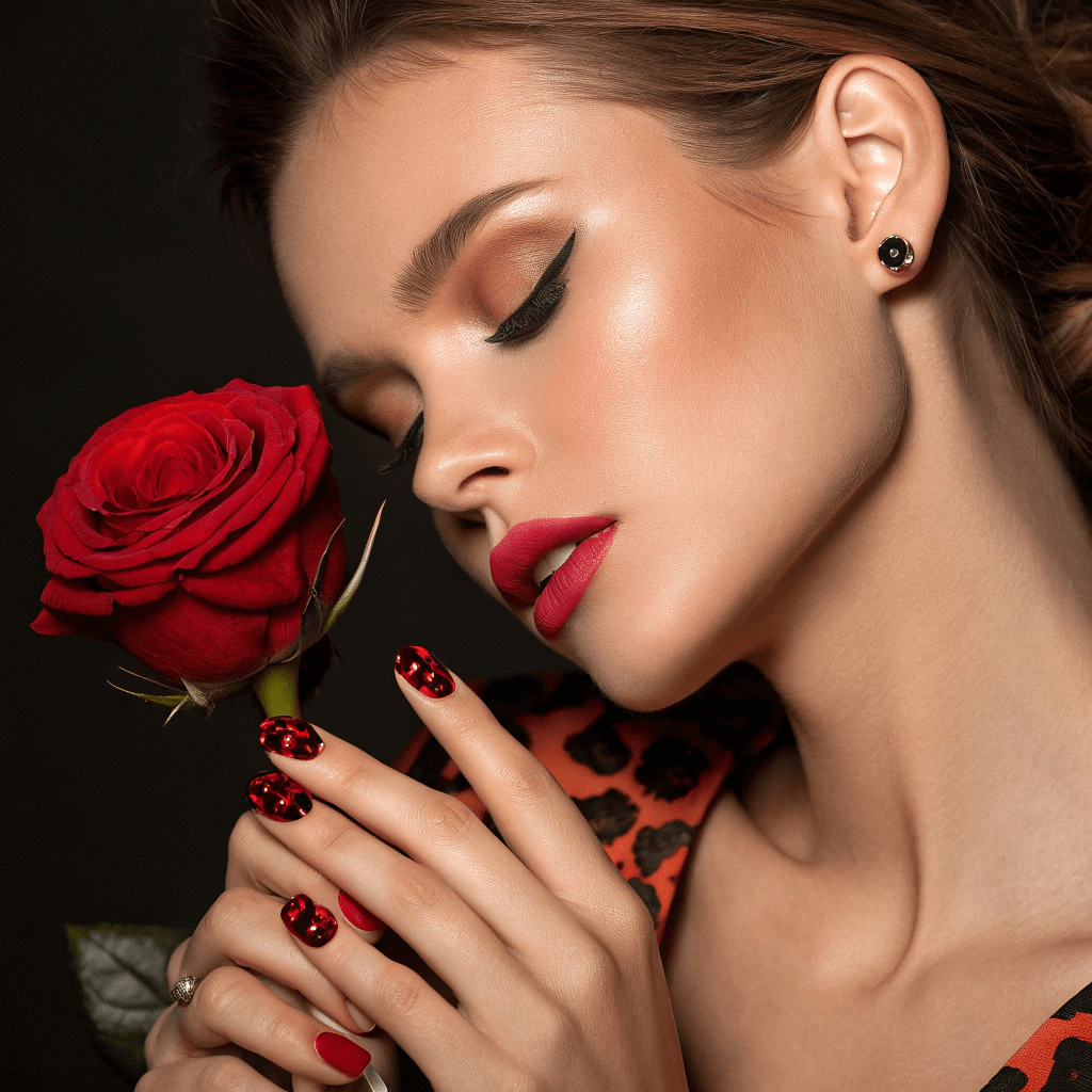 woman with red and black cow print nails  woman with red and black cow print nails