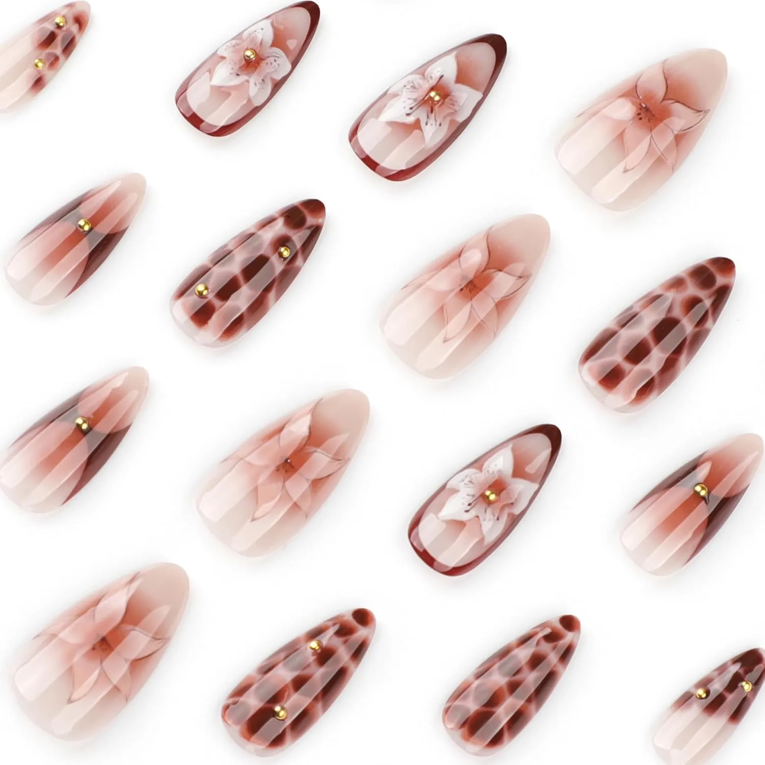 almond nails almond nails with brown ombre flower pattern press ons