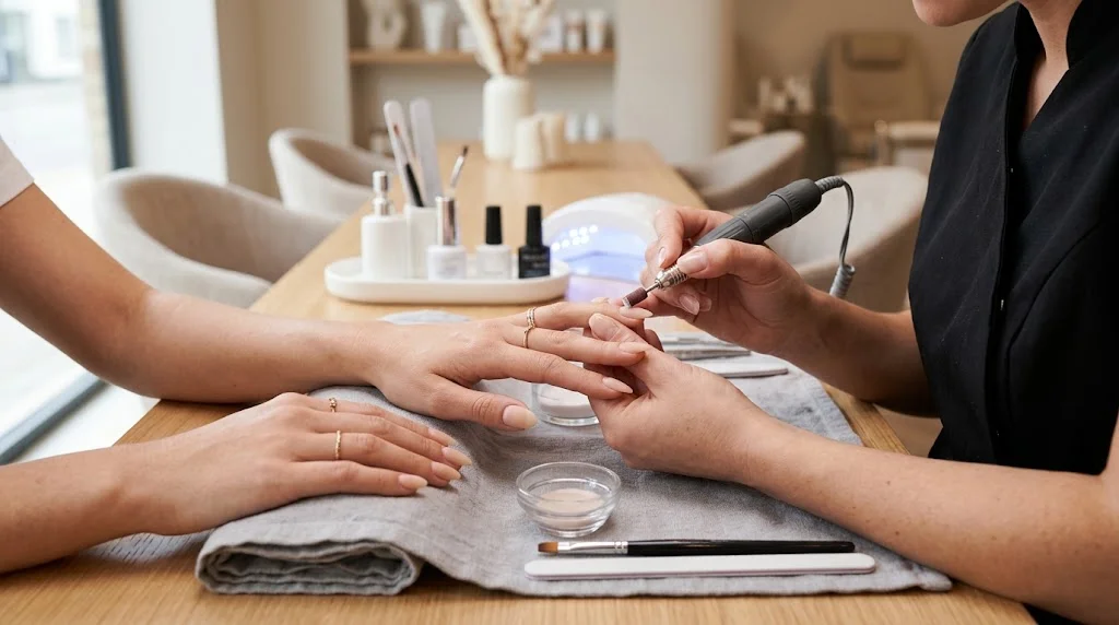 Elegant acrylic nails with a smooth finish and neatly styled manicure design.