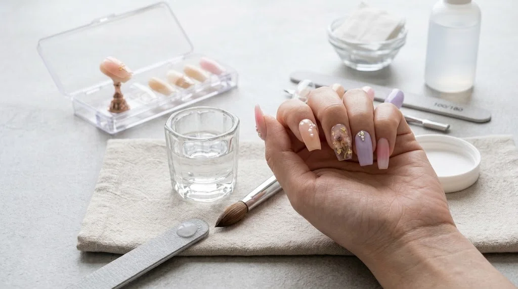 Acrylic nails featuring a neat, polished finish and elegant manicure design.