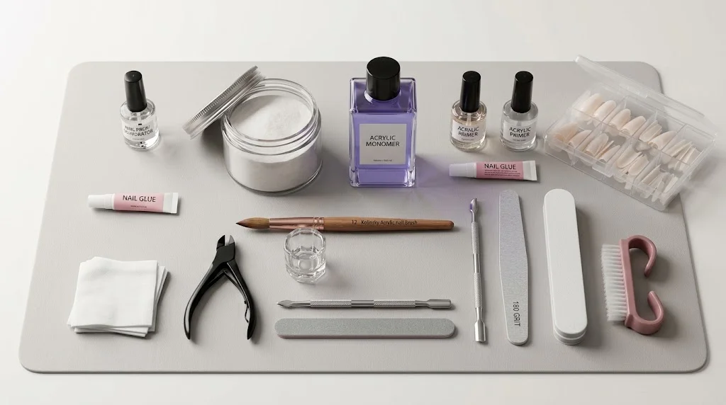 Acrylic nails with a smooth, polished finish in a stylish manicure design.