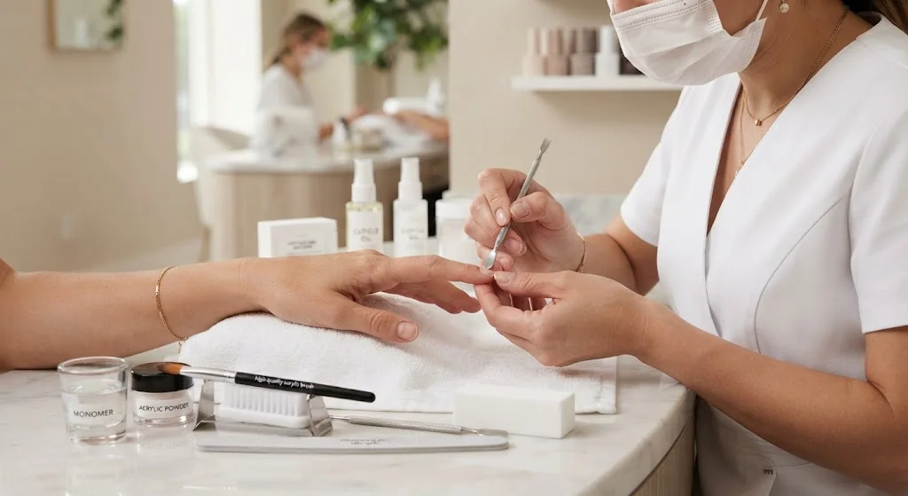 A masked technician in a white uniform works on a client's nails at a station set with acrylic powder, monomer, and brushes, with another client visible in the background.