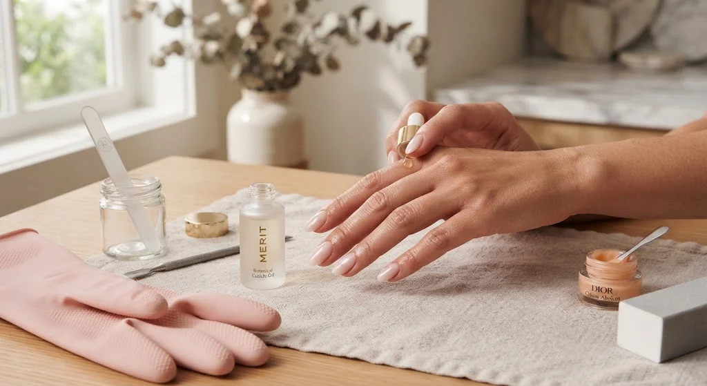 A woman applies cuticle oil from a dropper bottle to her nails at a wooden table set with pink rubber gloves, a nail file, and skincare products including a jar labeled Dior.