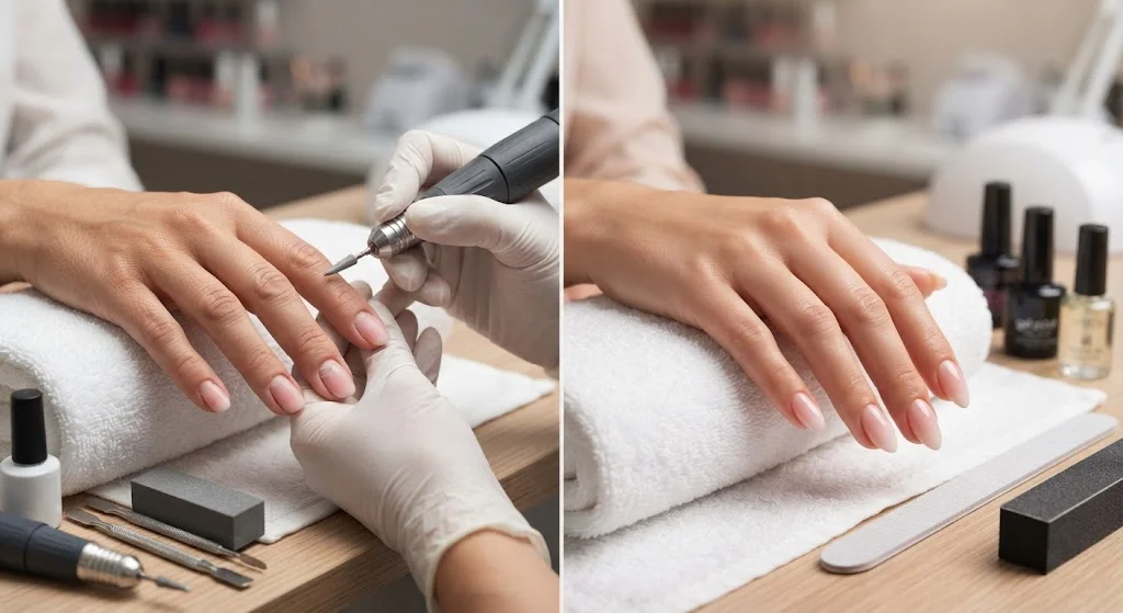Side-by-side before-and-after images of a manicure: on the left, a gloved technician shapes a client's nails with an electric drill; on the right, the finished natural-looking nails rest on a towel beside nail polish bottles and a file.