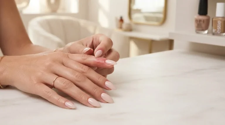 Woman's hands resting on a white marble table showing almond-shaped acrylic nails in a soft nude pink shade, with a gold ring and nail polish bottles in the background.