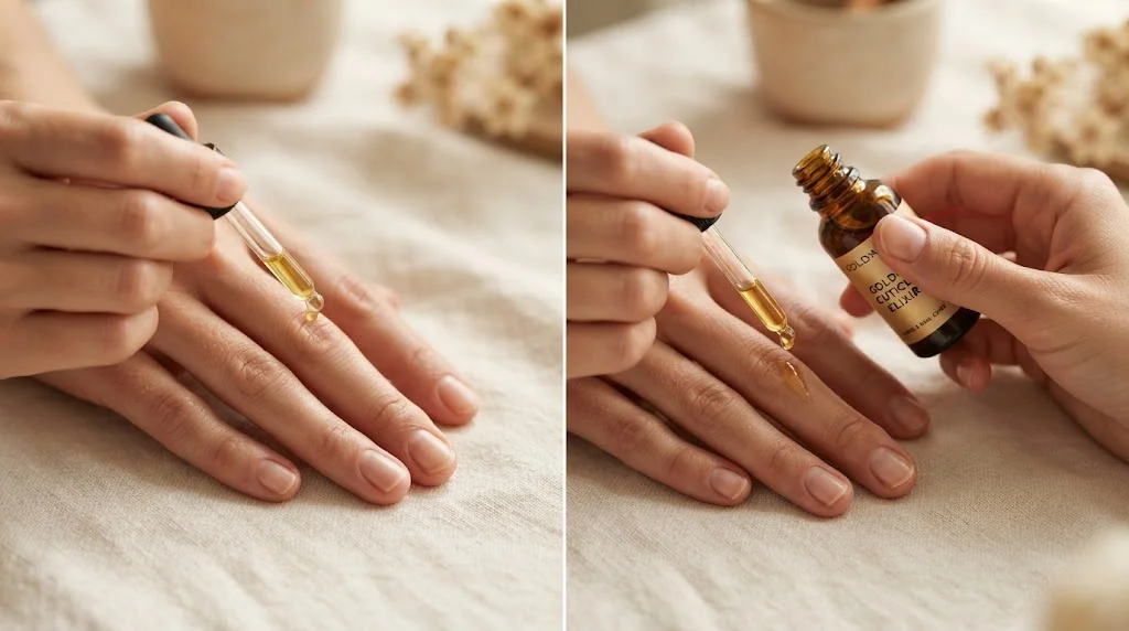 Healthy natural nails being moisturized with cuticle oil after acrylic removal