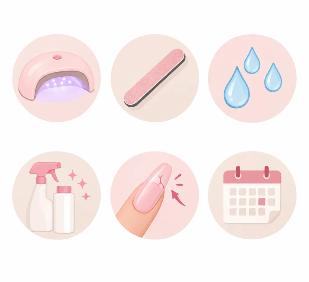 Acrylic nail care infographic showing a UV lamp, nail file, water exposure, cleaning products, cracked acrylic nail, and nail maintenance schedule.