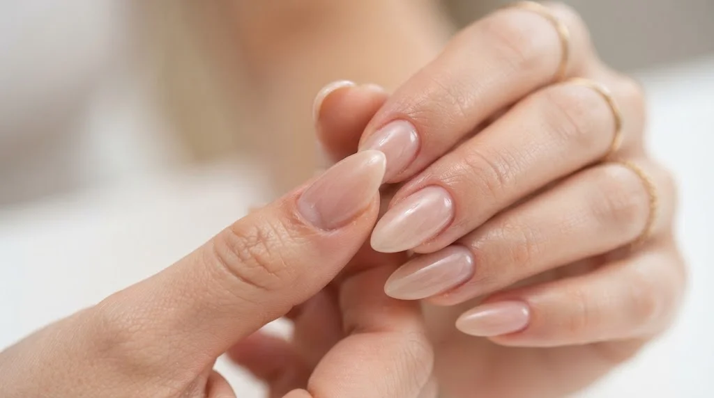 Close-up of a hand with almond-shaped acrylic nails in a glossy, sheer nude-pink finish, worn with thin gold rings.