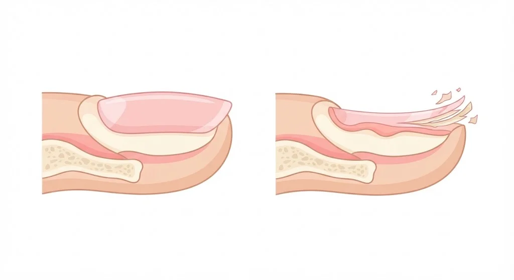 Diagram comparing a healthy nail plate with a thinned, peeling nail plate after acrylic removal