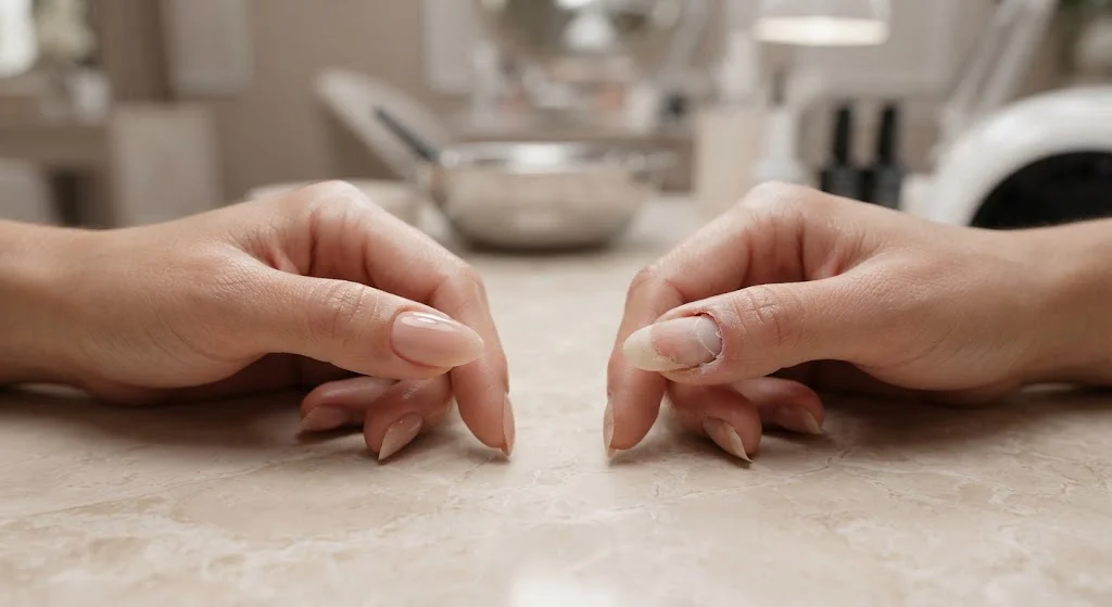 A close-up of a hand with neatly shaped acrylic nails featuring a smooth, polished finish.