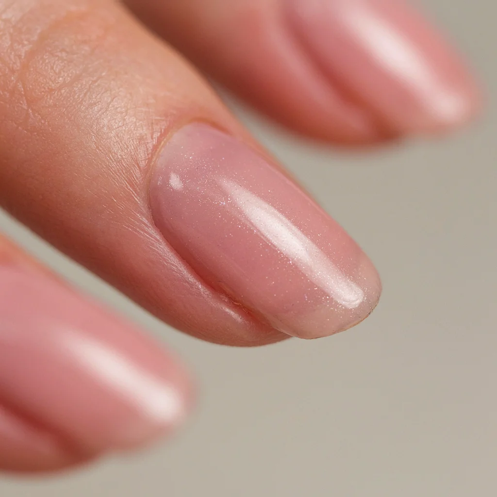Close-up of a glossy light pink acrylic nail with a subtle shimmer and rounded shape.