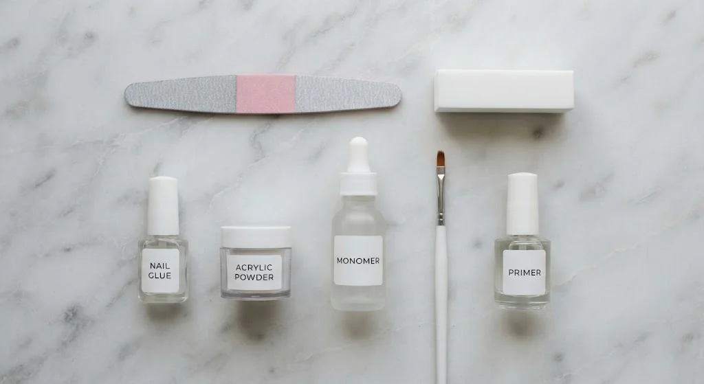 : Acrylic nail supplies including nail glue, acrylic powder, monomer, primer, nail brush, nail file, and buffer arranged on a marble surface.