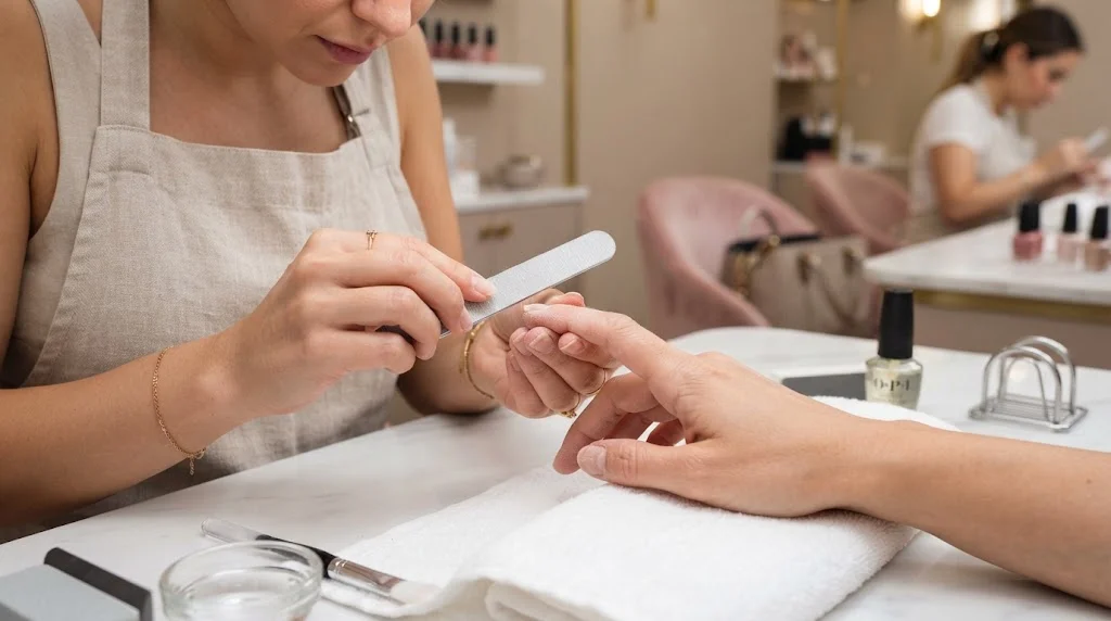 A nail technician in a linen apron uses a nail file on a client's fingernails during a manicure at a bright, modern salon.