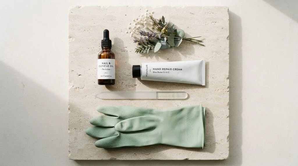 Flat lay of cuticle oil, hand cream, glass nail file and gloves for nail recovery after acrylics