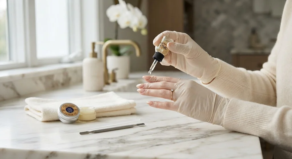 Close-up of a hand featuring neatly shaped acrylic nails with a clean, polished finish.