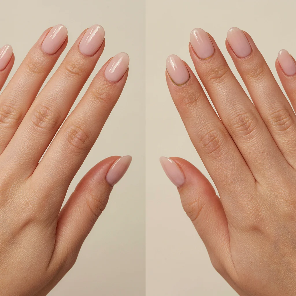Close-up of hands with glossy nude pink acrylic nails in a soft oval shape.