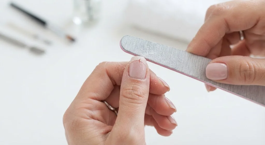 A close-up of a person filing a natural fingernail with a nail file during a manicure.