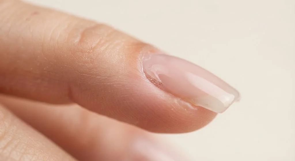 Close-up of a finger with a clear pink acrylic nail on a soft cream background.
