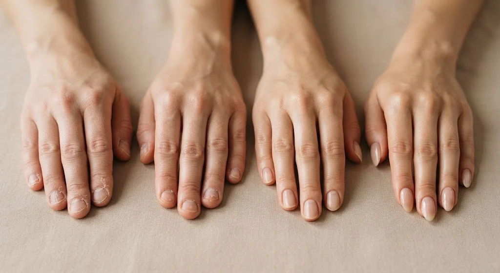 Nail growth recovery timeline showing brittle nails becoming strong and smooth over several months