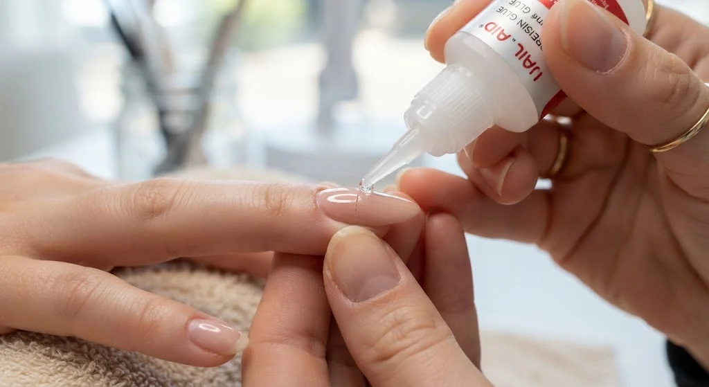 Nail technician applying glue to a nude acrylic nail during a manicure.