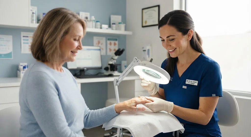 Dermatologist examining a patient's fingernails