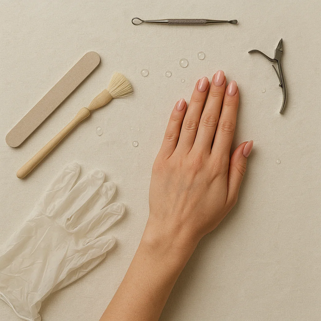 Hand with natural-looking acrylic nails surrounded by manicure tools, nail file, brush, gloves, and cuticle care tools.