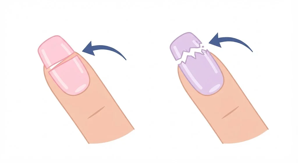 Illustration showing two acrylic nails, with arrows indicating cracked and broken acrylic nail tips.