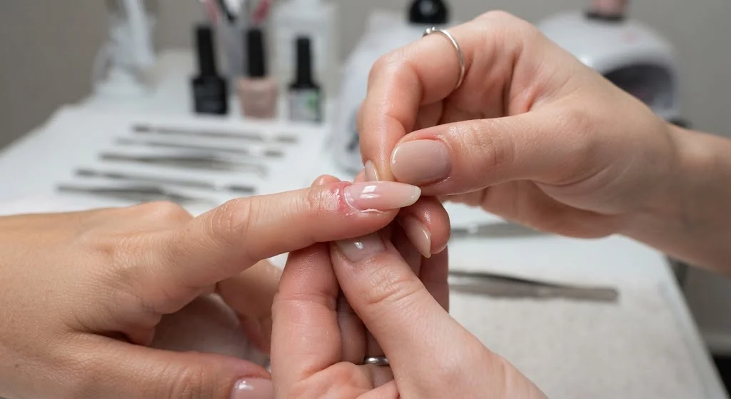 Applying an acrylic nail tip to a natural fingernail.