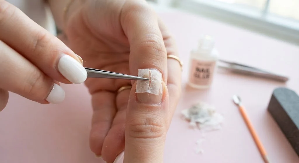 "Close-up of a hand using tweezers to press a small piece of tissue-like wrap onto a cracked natural nail, with nail glue, a cuticle pusher, a nail file, and tissue scraps on a pink surface."