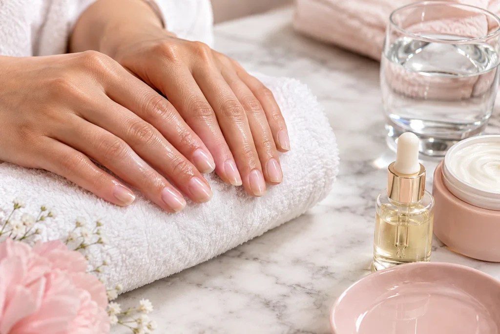Woman's hands with neat, natural pink nails resting on a rolled white towel beside a nail oil dropper bottle, hand cream, and a glass of water on a marble table