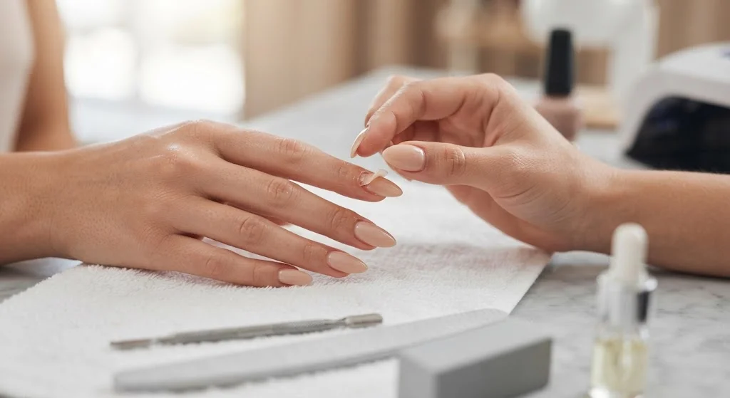 A nail technician applies a nude-colored acrylic tip to a client's finger during a manicure, with a nail file and cuticle oil on a towel in the foreground.