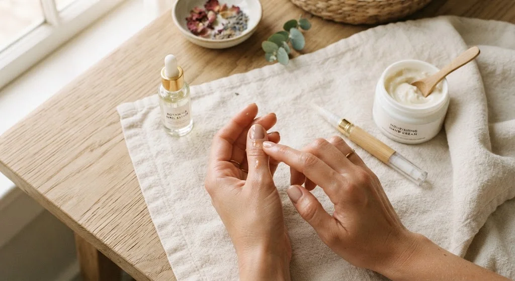 "Hands with natural nails being massaged with nail oil on a linen towel, surrounded by a dropper bottle of nail elixir, a jar of hand cream with a wooden spoon, and a bowl of dried flowers."