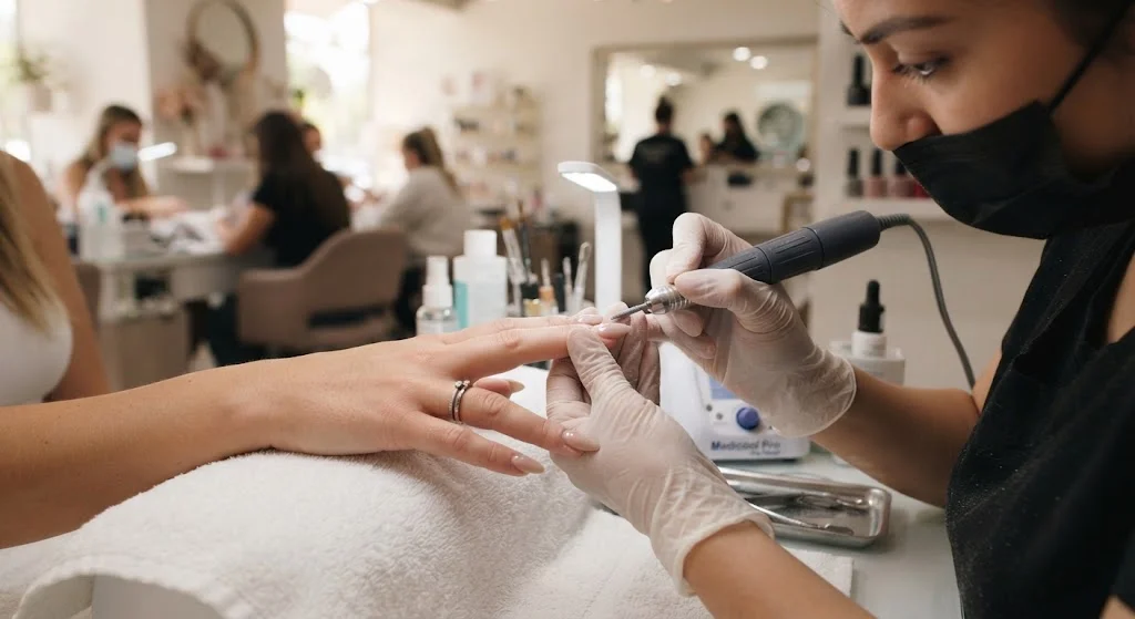 A masked nail technician wearing gloves uses an electric nail drill to shape a client's nails in a busy salon, with other clients visible in the background.