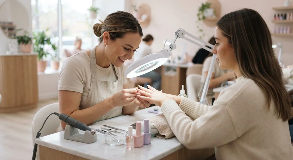 A smiling nail technician in a beige apron holds a client's hand under a magnifying lamp, applying acrylic nails at a marble table with gel polish bottles and a nail drill nearby.