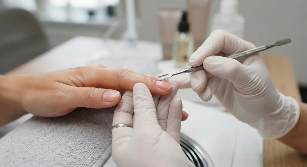 A gloved nail technician uses a metal cuticle pusher to clean up a client's cuticle during a manicure, with nail care products blurred in the background
