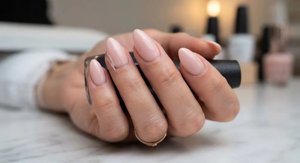 Close-up of a hand with elegant pink acrylic nails holding a black nail polish bottle on a salon table.
