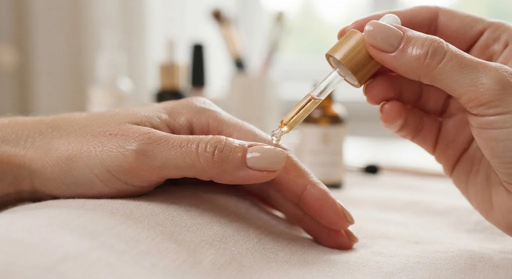 Acrylic nails with a smooth, polished finish in a professional nail design.  