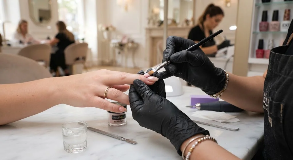 Acrylic nails with a polished finish and a neat, elegant manicure design.