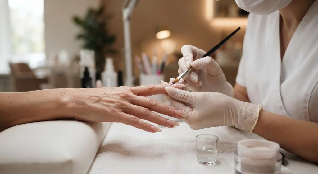 “Professional nail technician applying acrylic nails to a client’s hand using a fine nail brush.”