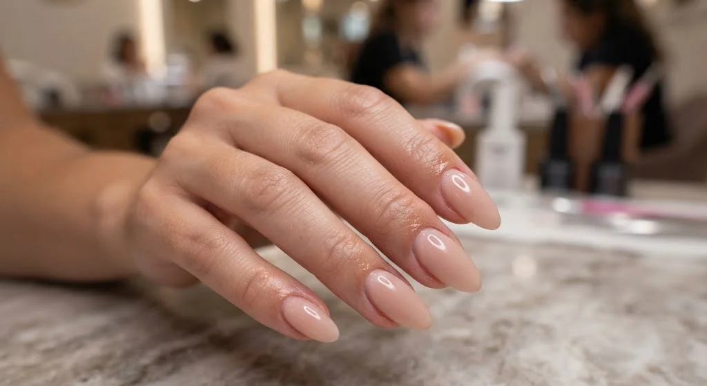 Acrylic nails with a smooth, polished finish displayed on a hand.
