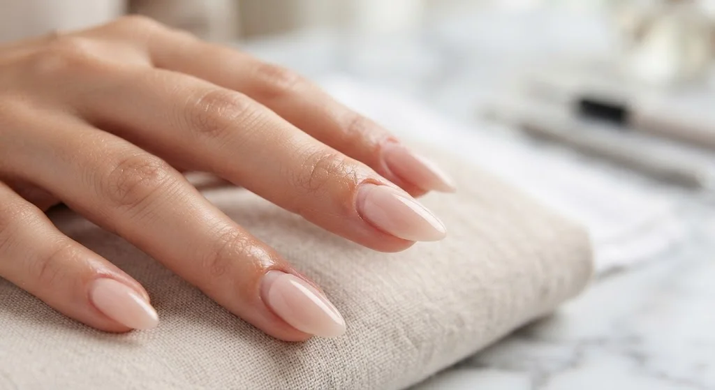 “Close-up of elegant almond-shaped nude acrylic nails on a client’s hand.”