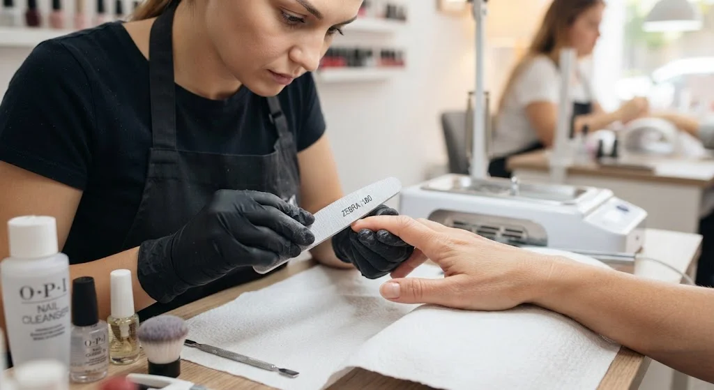 "Nail technician black gloves pehne hue client ka hand file kar rahi hai, background mein OPI nail products aur ek doosri manicure station nazar aa rahi hai."