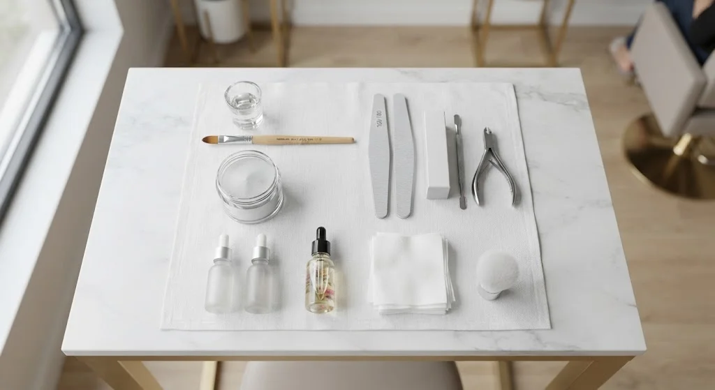 “Professional acrylic nail kit with brushes, nail files, manicure tools, liquids, wipes, and nail care supplies arranged on a table.”