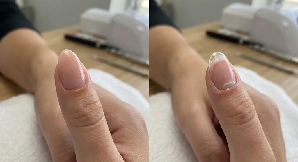 "Before and after comparison of acrylic nail application showing glossy finished nail and clear extension tip on nail table."