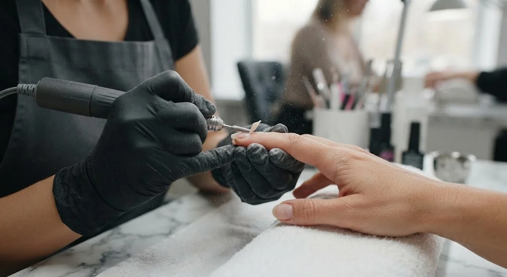“Professional nail technician using an electric nail drill to shape and refine an acrylic nail.”