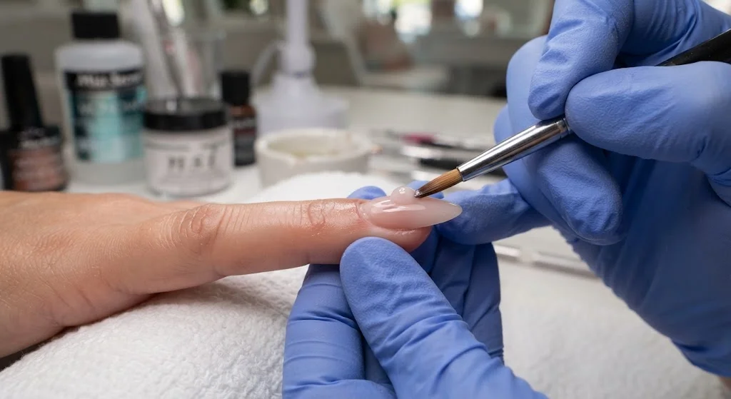 “Professional nail technician applying acrylic product to a client’s nail with a manicure brush.”