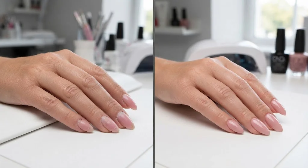 “Before-and-after comparison of natural nails and neatly shaped pink acrylic nails.”